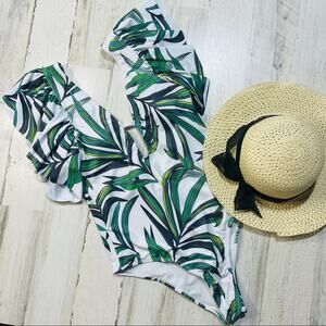 Leaf Print Plunging Monokini with Ruffles
